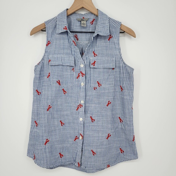 Bass Womens Lobster AOP Top Size S Blue White Embroidered‎ Coastal Nautical - Picture 2 of 7